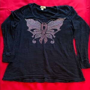 ONE WORLD Black Striped Top with Pink cancer ribbon and Butterfly